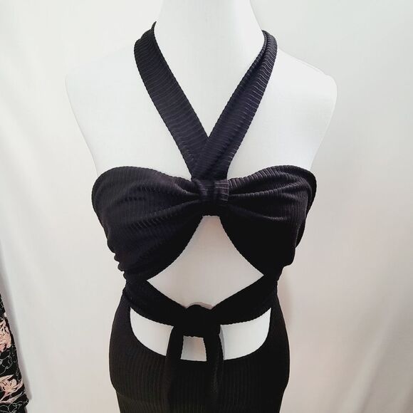 Endless Blu Cutout Halter Neck Twist Back Ribbed Midi Dress Large - Picture 4 of 13